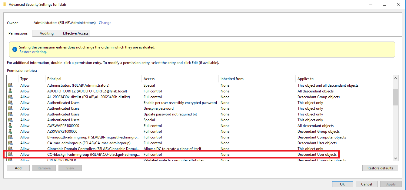 Dangerous access control entries on fslab.local domain object