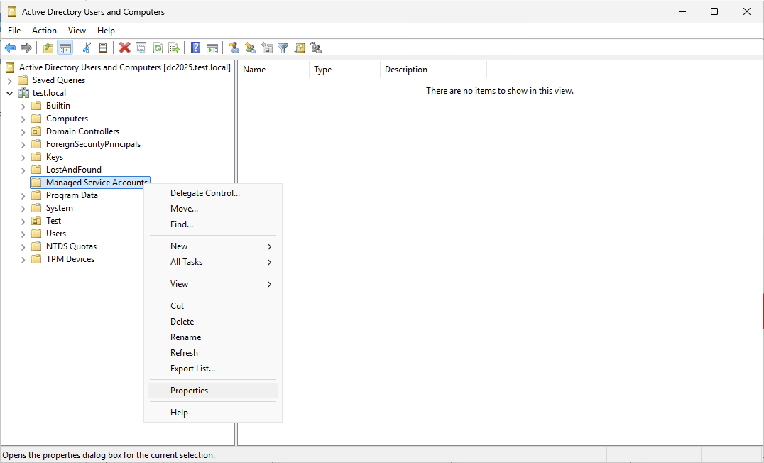 Opening object properties in Active Directory Users and Computers