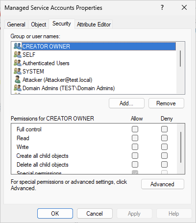 Security tab of the object properties