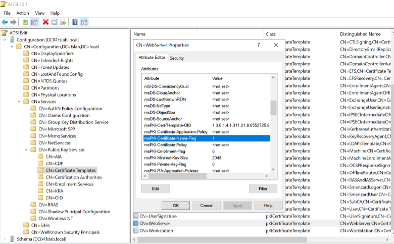 Updating msPKI-Certificate-Name-Flag in ADSEDIT